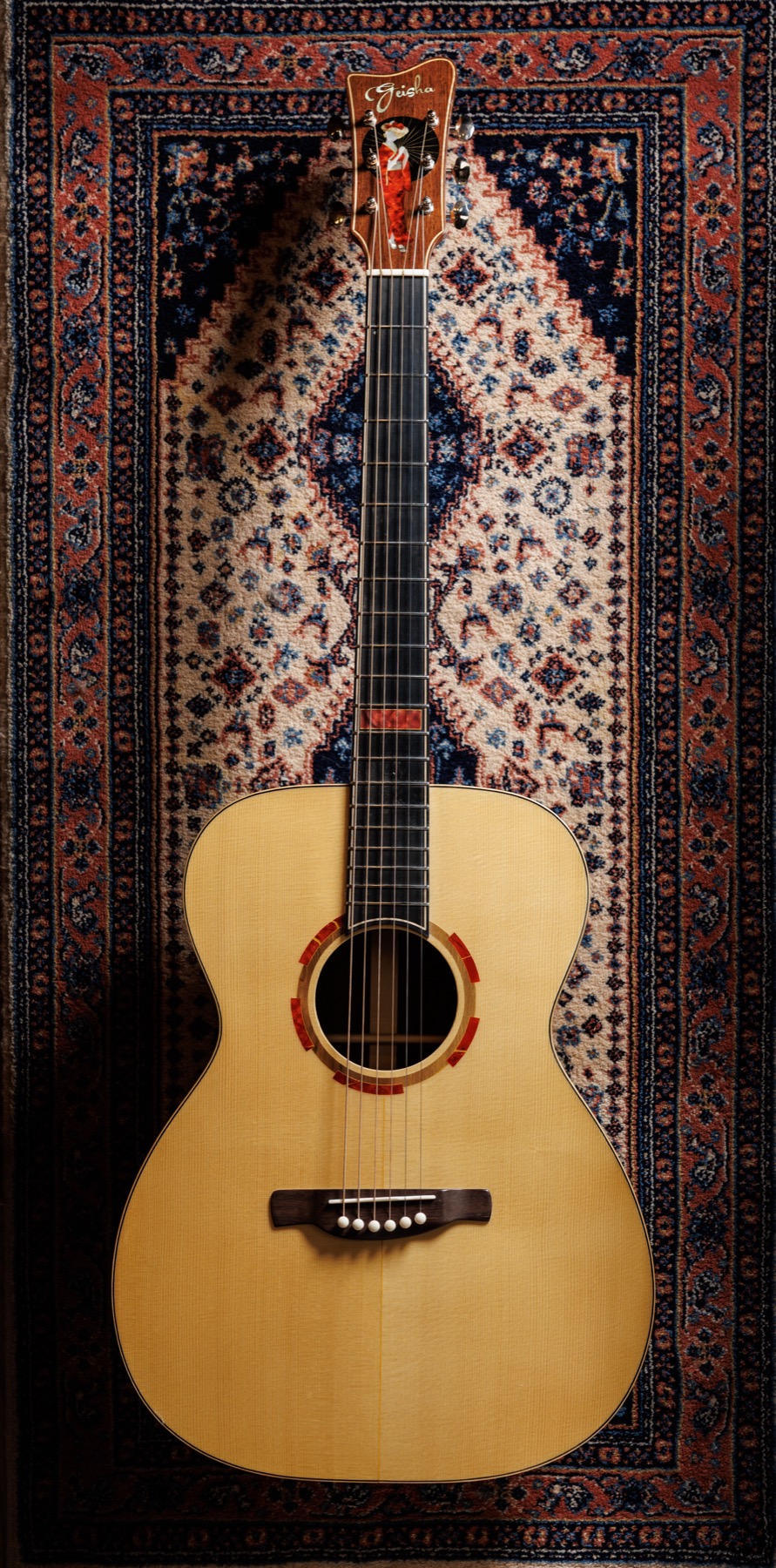 Venezia handmade OM acoustic guitar with geisha headstock inlay