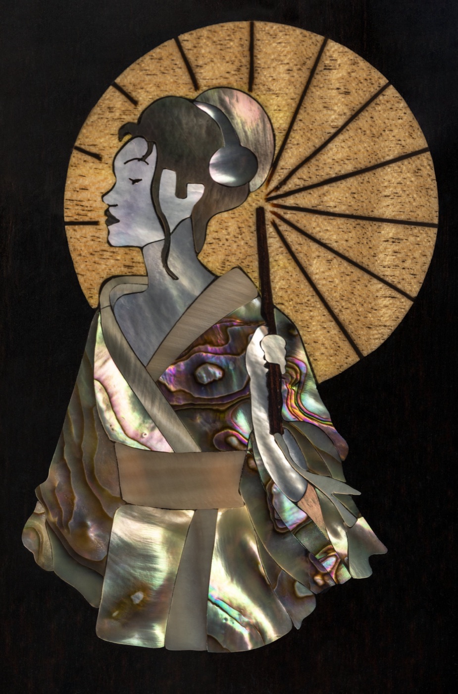 Mother-of-pearl inlay of a geisha with umbrella
