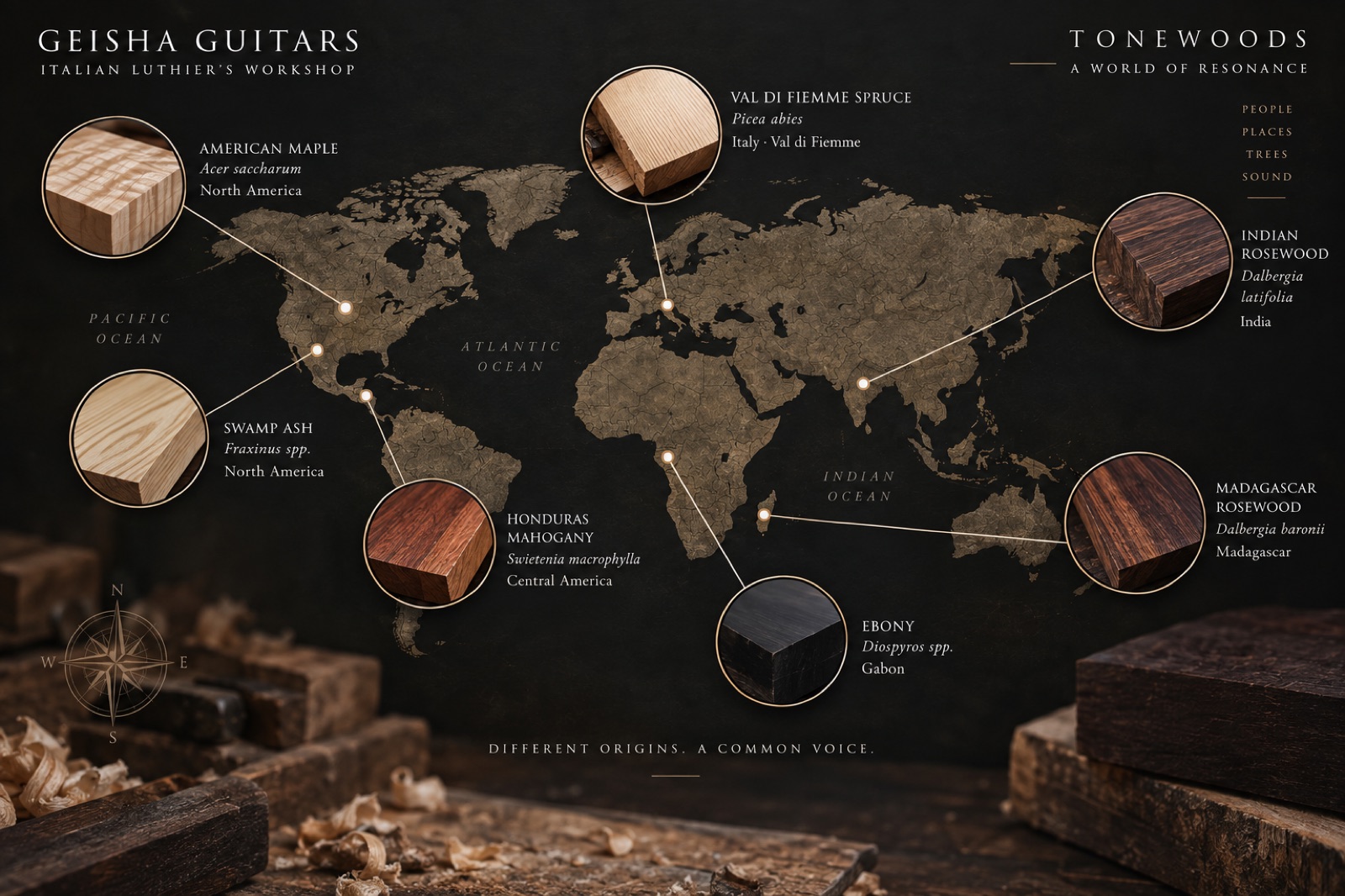 Tonewoods world map showing where the woods used by Geisha Guitars come from: Val di Fiemme spruce, American maple, swamp ash, Honduras mahogany, Indian and Madagascar rosewood, ebony